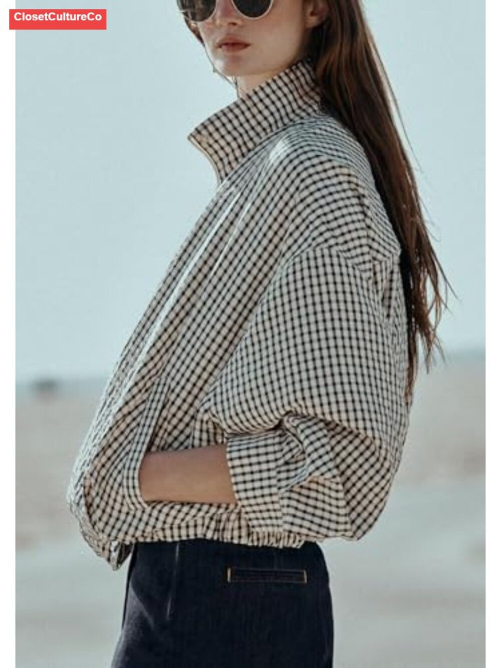 Gingham Cropped Bomber Jacket Zip Up Casual Coat Long Sleeve - Picture 2 of 4